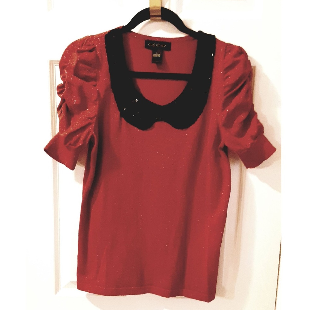 August Silk red puff sleeve top, size Large